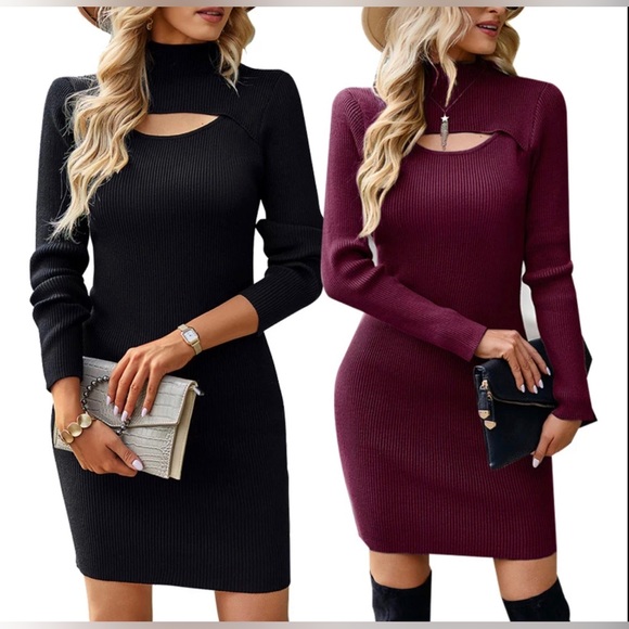 NWT beautiful burgundy Turtleneck Hollow Out LongSleeve knit Dress - Picture 3 of 4